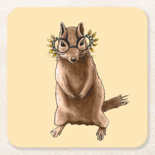 Funny Chipmunk Squirrel Geek Animal Art Square Paper Coaster