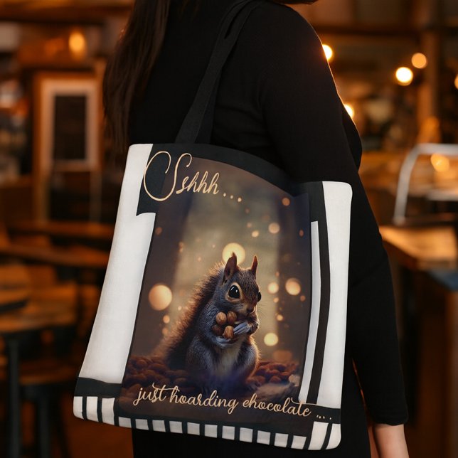 Funny Chocolate Chocoholic Squirrel Tote Bag (Funny cute tote bag featuring a squirrel gathering nuts on an abstract design.)