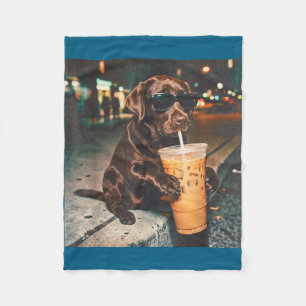 Funny chocolate lab drinking iced coffee lovers fleece blanket