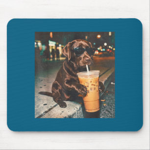 Funny chocolate lab drinking iced coffee lovers mouse pad