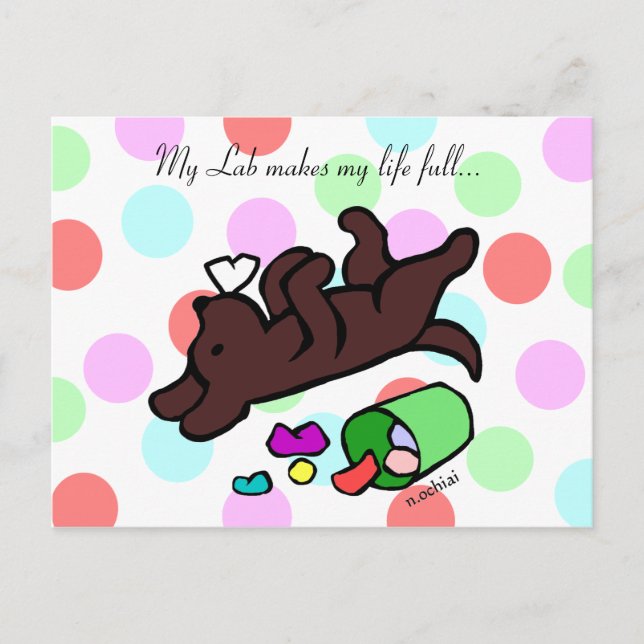 Funny Chocolate Labrador Cartoon Polka Dot Postcard (Front)