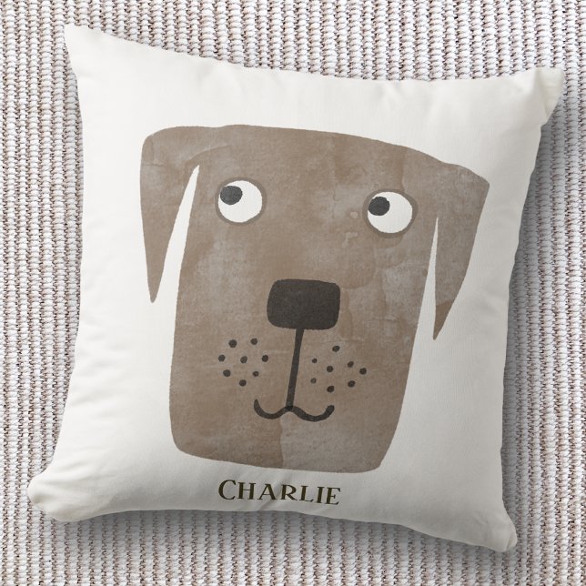 Funny Chocolate Labrador Retriever Dog Custom Name Cushion (Fun Chocolate brown Labrador Retriever dog personalized custom name throw pillow)
