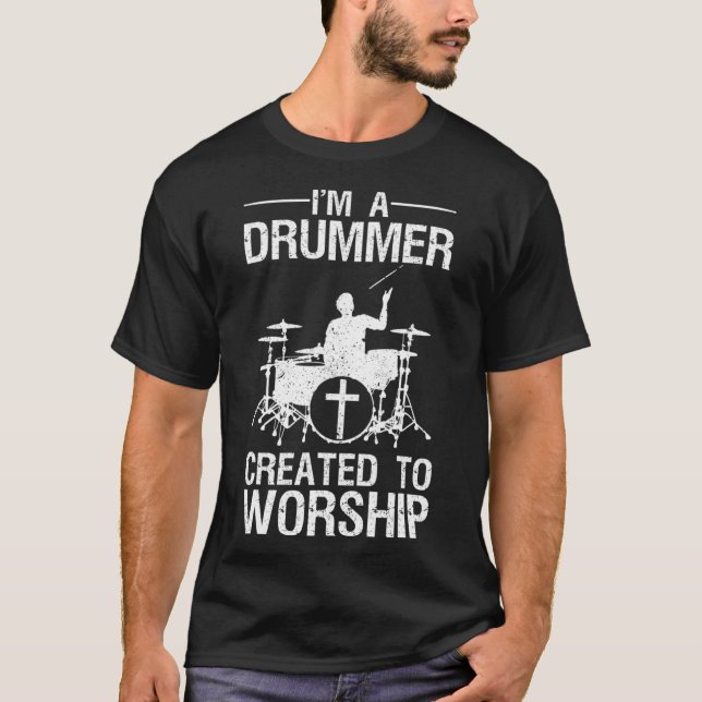 Funny Christian Drummer Art For Men Women Drum Pla T-Shirt (Front)