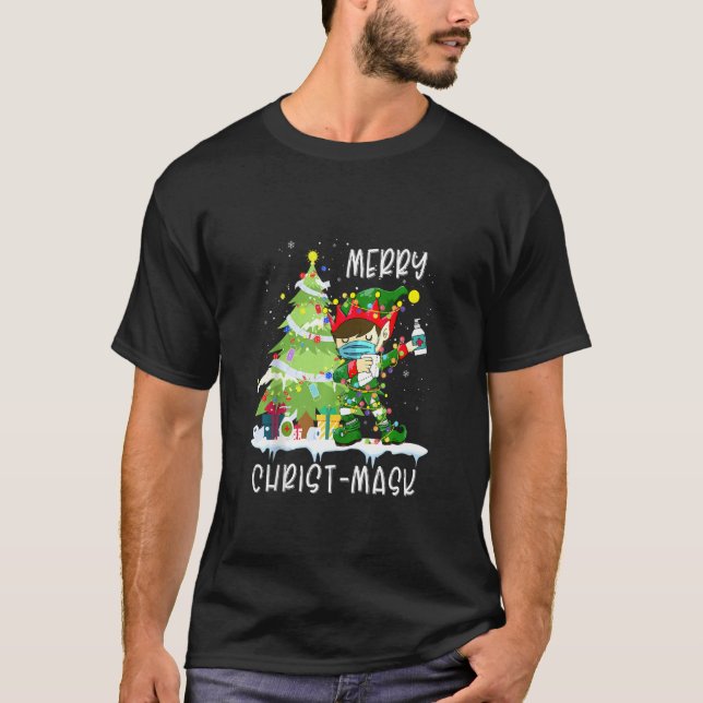 Funny Christmas 2020 Elf Dabbing Wearing Mask Cost T-Shirt (Front)