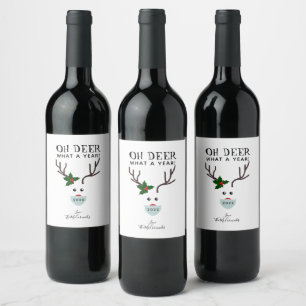 Funny Christmas 2021 Reindeer Wearing Face Mask Wine Label