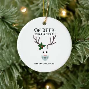 Funny Christmas 2022 Face Mask Reindeer Name Ceramic Tree Decoration
