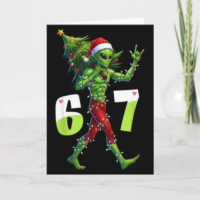 Funny Christmas Alien Six Seven Meme 67 Santa Hat  Card (Front)