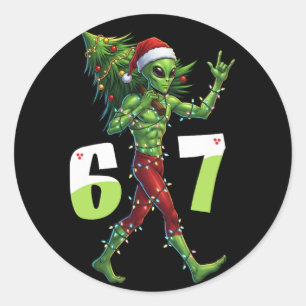 Funny Christmas Alien Six Seven Meme 67 Santa Hat Classic Round Sticker