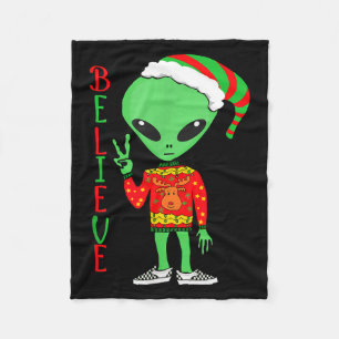 Funny Christmas Alien Ugly Sweater I Believe Santa Fleece Blanket