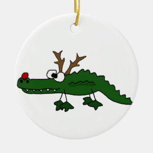 Funny Christmas Alligator as Reindeer Ceramic Tree Decoration
