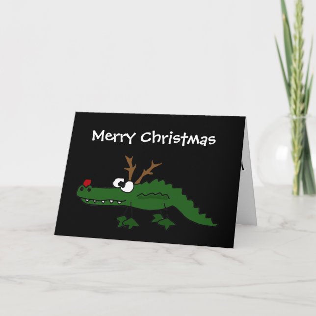 Funny Christmas Alligator as Reindeer Holiday Card (Front)