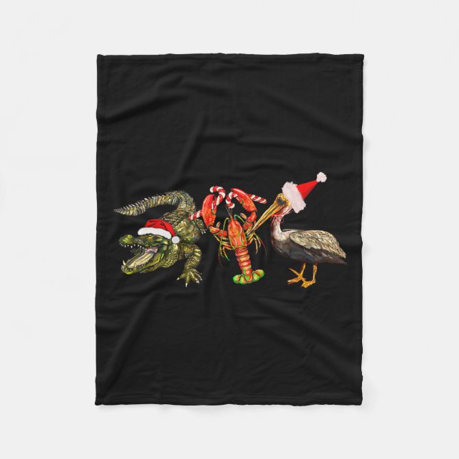 Funny Christmas Alligator Pelican Crawfish Holiday Fleece Blanket (Front)