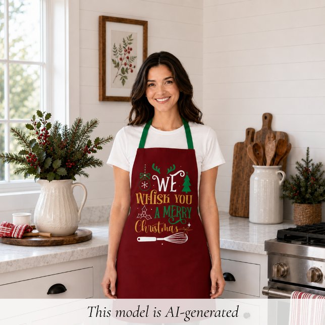 Funny Christmas Apron (cute funny festive burgundy red we whisk you a merry christmas apron for chef baker mom)