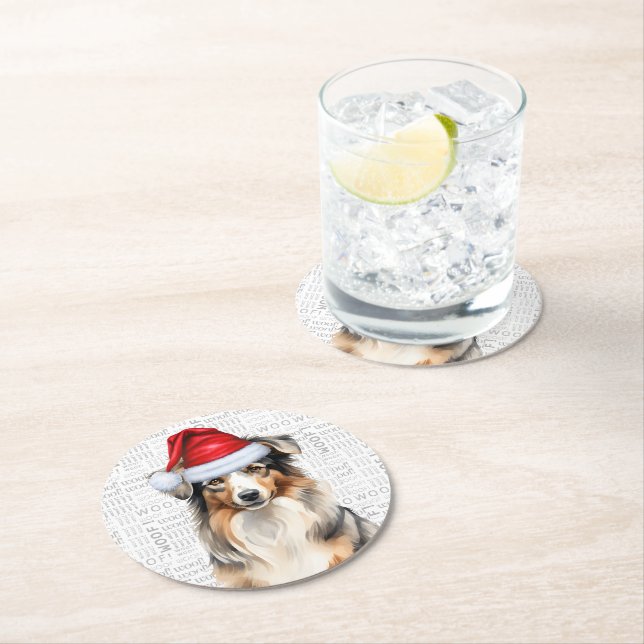Funny Christmas Australian Shepherd Dog Round Paper Coaster (Insitu)