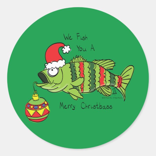 Funny Christmas Bass Fishing Fish Cute Cartoon Classic Round Sticker (Front)