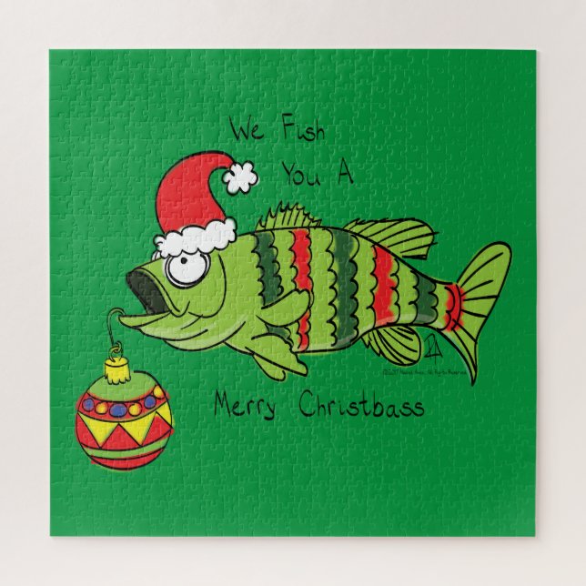 Funny Christmas Bass Fishing Fish Cute Cartoon Jigsaw Puzzle (Vertical)