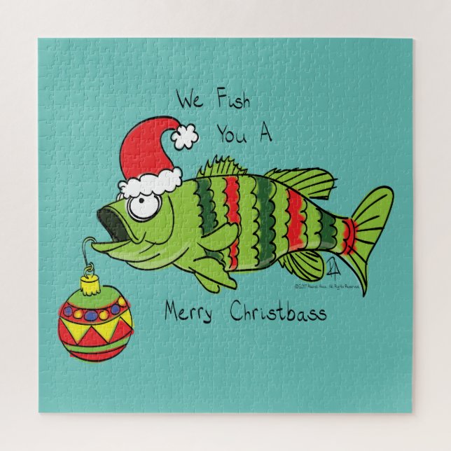 Funny Christmas Bass Fishing Fish Cute Cartoon Jigsaw Puzzle (Vertical)