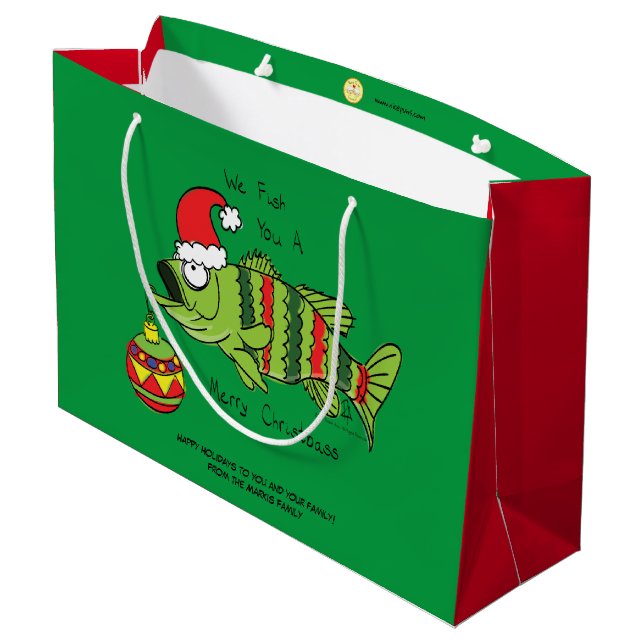 Funny Christmas Bass Fishing Fish Cute Cartoon Large Gift Bag (Back Angled)
