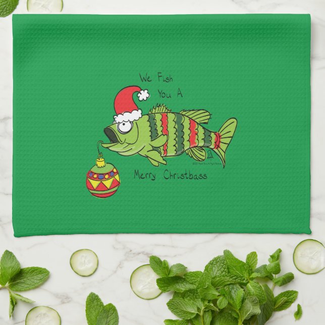 Funny Christmas Bass Fishing Fish Cute Cartoon Tea Towel (Folded)
