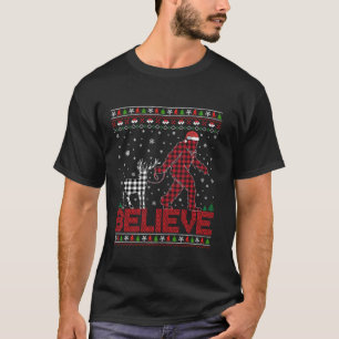 Funny Christmas Believe Bigfoot Plaid Reindeer Hol T-Shirt