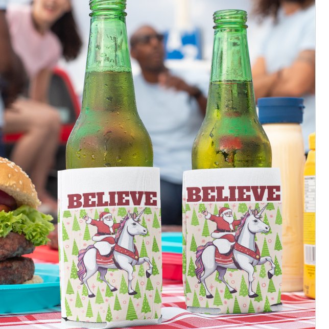 Funny Christmas Believe Santa Unicorn Festive Can Cooler (BELIEVE! Reindeer or unicorns.. you decide.)