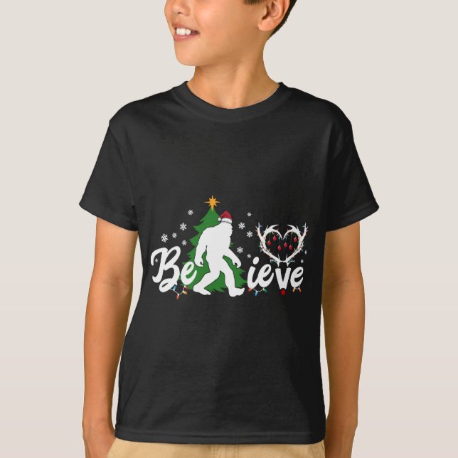 Funny Christmas Bigfoot Believe Bigfoot with Santa T-Shirt (Front)