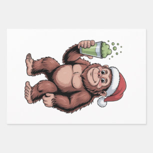 Funny Christmas Bigfoot Holding Matcha  Wrapping Paper Sheet