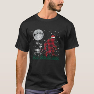 Funny Christmas Bigfoot Reindeer Moon Santa Plaid T-Shirt
