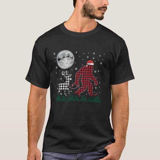 Funny Christmas Bigfoot Reindeer Moon Santa Plaid  T-Shirt (Front)