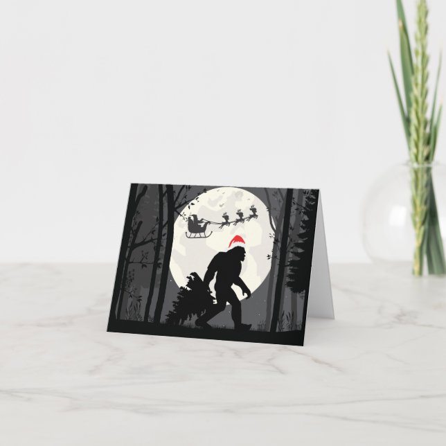 Funny Christmas Bigfoot With Santa In the Forrest  Card (Front)