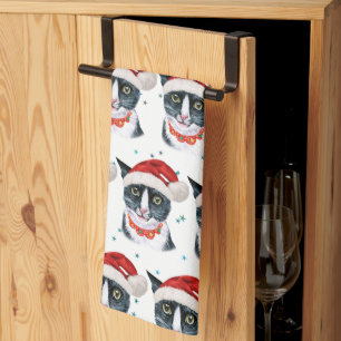 Funny Christmas Black and White Cat Watercolor Tea Towel
