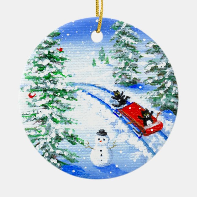 Funny Christmas Black Cat Art Creationarts Ceramic Tree Decoration (Front)