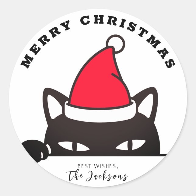 Funny Christmas Black Cat Classic Round Sticker (Front)