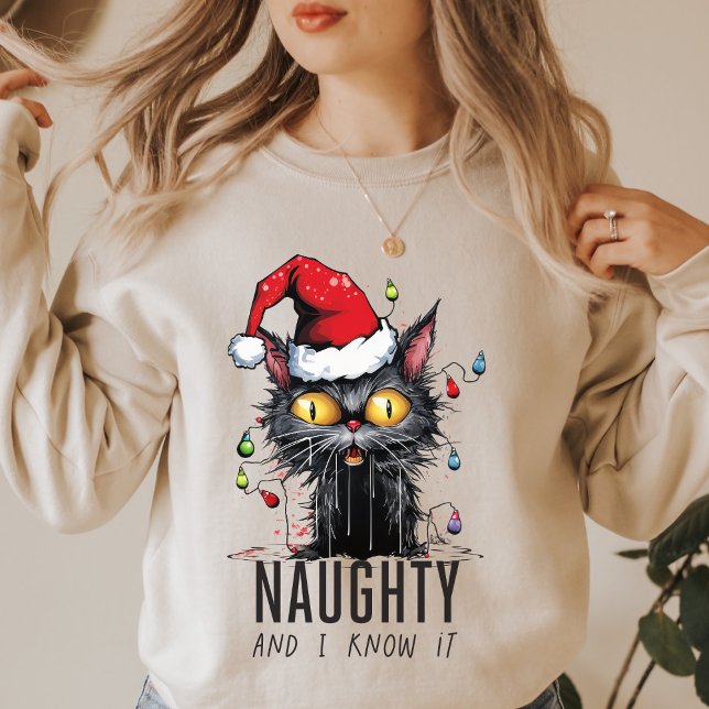 Funny Christmas Black Cat Naughty and I know it T-Shirt (Creator Uploaded)
