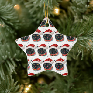 Funny Christmas Black Cat Watercolor Ceramic Tree Decoration