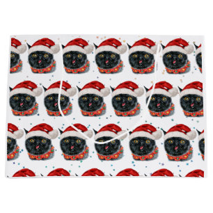 Funny Christmas Black Cat Watercolor Large Gift Bag