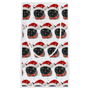 Funny Christmas Black Cat Watercolor Small Gift Bag