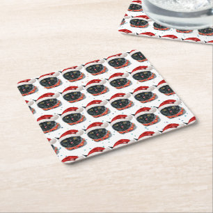 Funny Christmas Black Cat Watercolor Square Paper Coaster