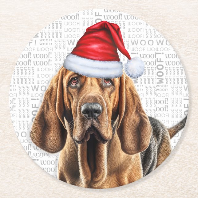 Funny Christmas Bloodhound Dog Lover Holiday Round Paper Coaster (Front)