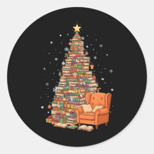 Funny Christmas Books Tree Book Lover Teacher Libr Classic Round Sticker