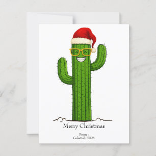 Funny Christmas Cactus with Santa Hat & Glasses Postcard