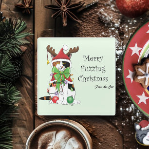 Funny Christmas Calico Cat Glass Coaster