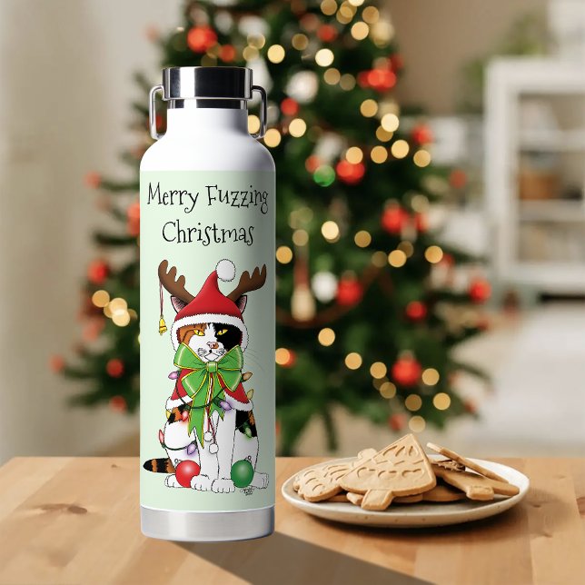 Funny Christmas Calico Cat Water Bottle (Creator Uploaded)