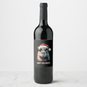 Funny Christmas Capy Holidays Xmas Capybara Wine Label
