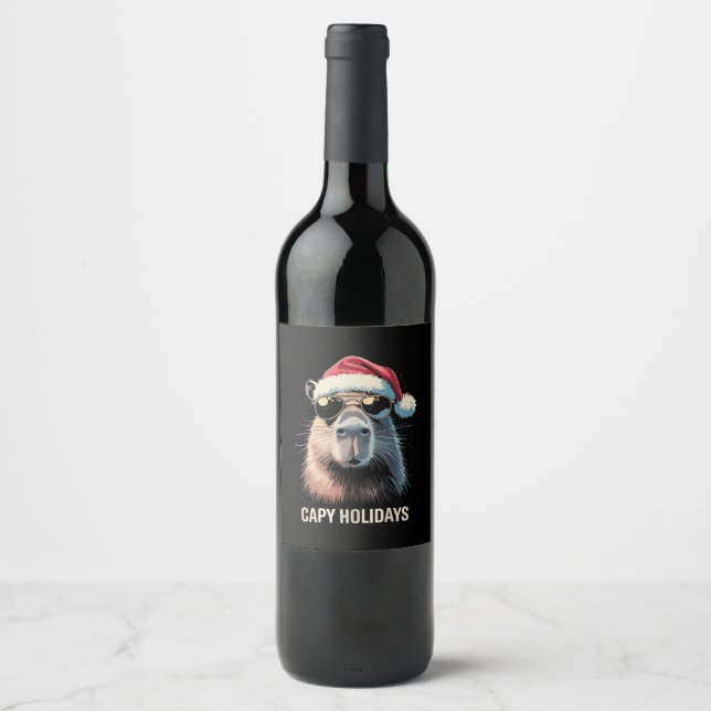 Funny Christmas Capy Holidays Xmas Capybara  Wine Label (Front)