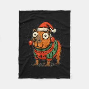 Funny Christmas Capybara With Santa Hat &amp; Swea Fleece Blanket