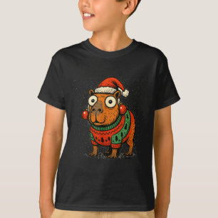 Funny Christmas Capybara With Santa Hat &amp; Swea T-Shirt