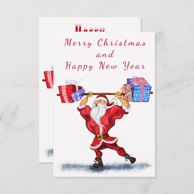 Funny Christmas Card Bodybuilder Santa with Gifts (Front/Back)