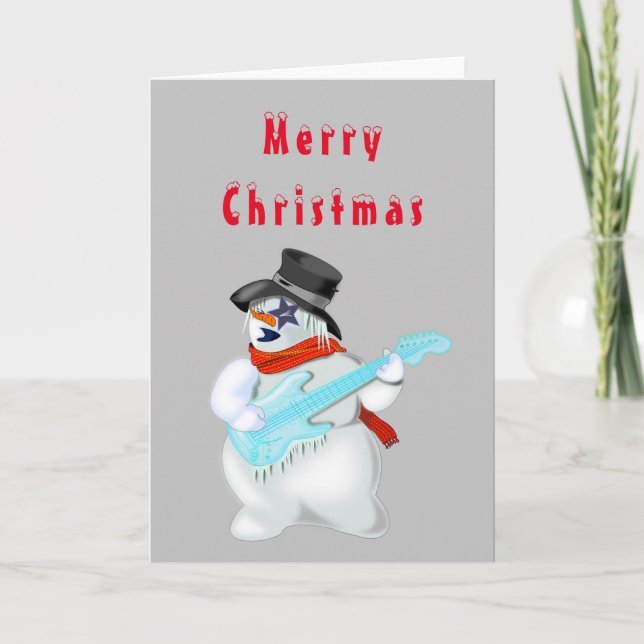 Funny Christmas Card Snowman Guitar Player (Front)