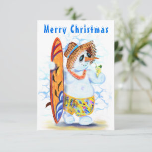 Funny Christmas Card with Snowman Surfer